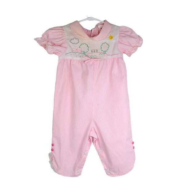 Vintage Pink White Micro Stripe Embroidered Peter Pan Collar Baby Girl Jumpsuit - Picture 1 of 6